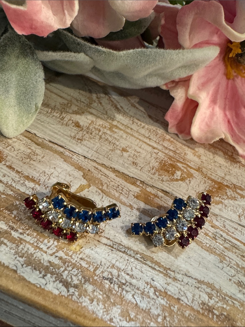 Vintage Gold-tone Triple Row Rhinestone Ear Cuffs - Blue, Clear & Red